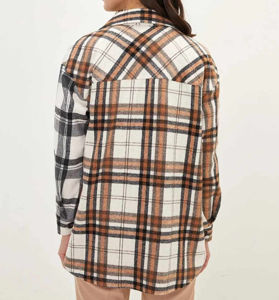 Chemise à carreaux à manches longues en gabardine à fermeture pour femme