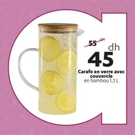 Carafe en verre avec couvercle en bambou 1.3 litre