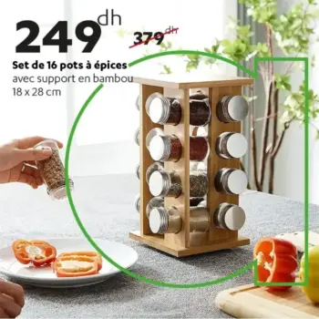 Set de 16 pots à épices avec support en bambou 18x28cm