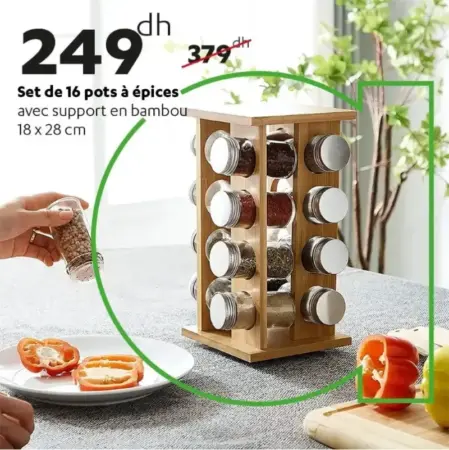 Set de 16 pots à épices avec support en bambou 18x28cm