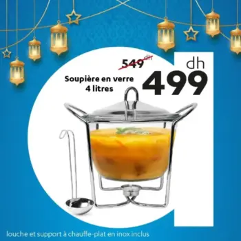 Soupière en verre 4 litres + louche et support