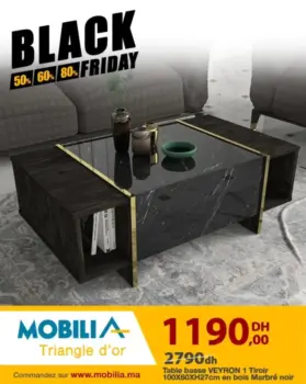 Table basse VEYRON 1 tiroir bois marbré noir
